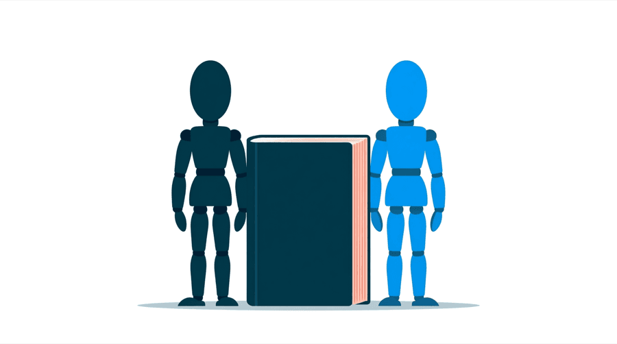 Illustration: a large rulebook standing upright between two figures who face away from each other