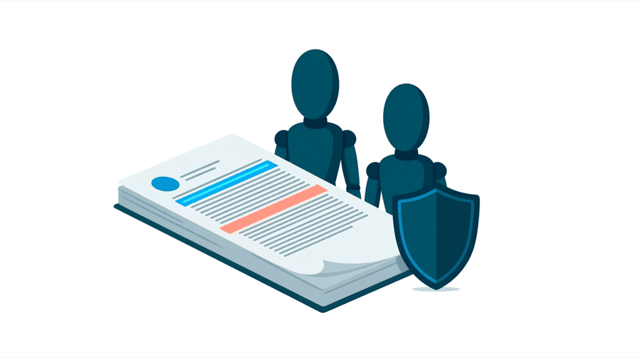 Illustration: an open policy document with a single paragraph highlighted and a shield resting beside it