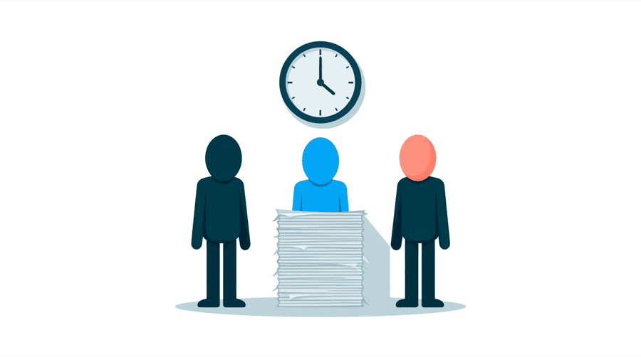 Illustration: a round wall clock hanging on a wall above a very tall stack of paper pages
