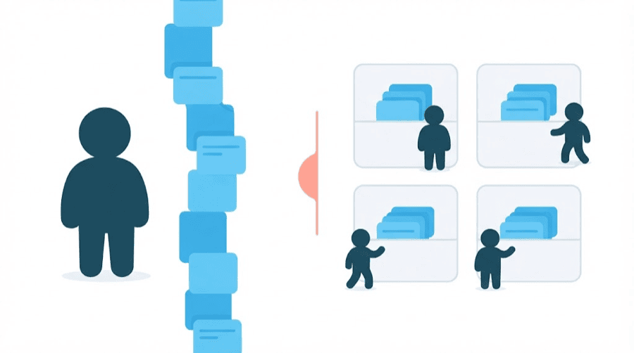 Illustration: a figure beside one tall vertical stack of message cards, and four separate boxes on the other side each holding their own stack with figures stepping into them