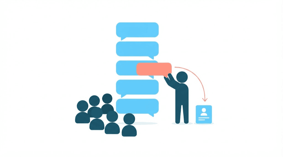 Illustration: a vertical thread of speech bubbles with a small group reading it, and one new bubble linked back to a profile card rather than fanned out to a crowd