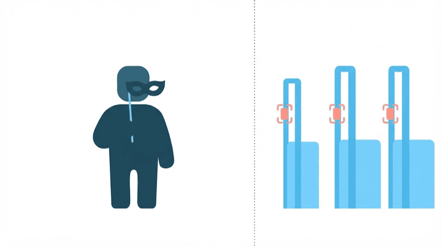 Illustration: a figure holding a plain mask on a stick standing in open space, facing three gateways each raising a scanner frame