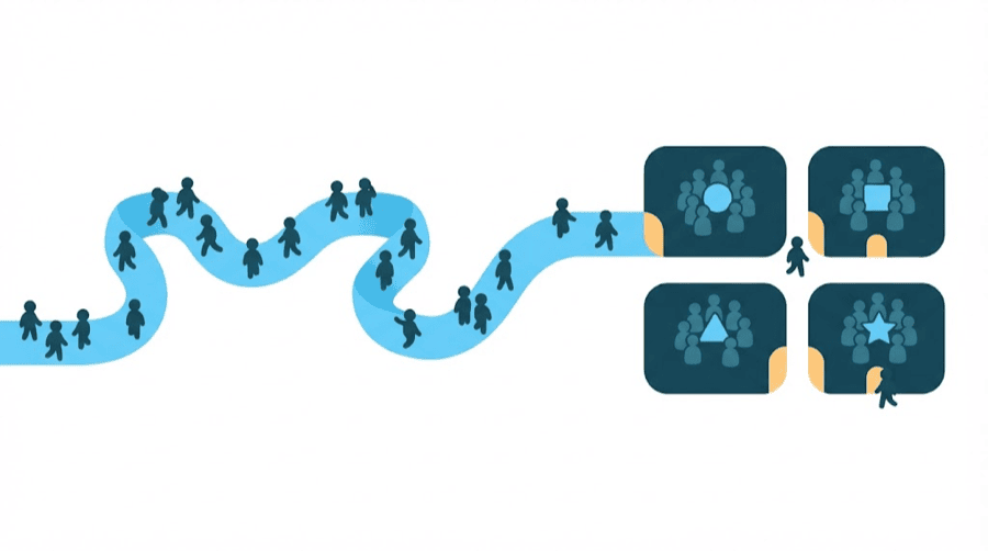 Illustration: an open timeline ribbon on the left turning into neat rooms on the right, each holding a tight group around a shared object