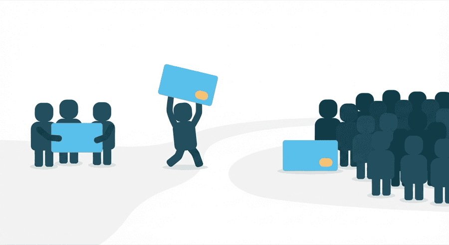 Illustration: one message card being lifted by a figure and dropped in front of a second much larger crowd of figures standing apart from the first