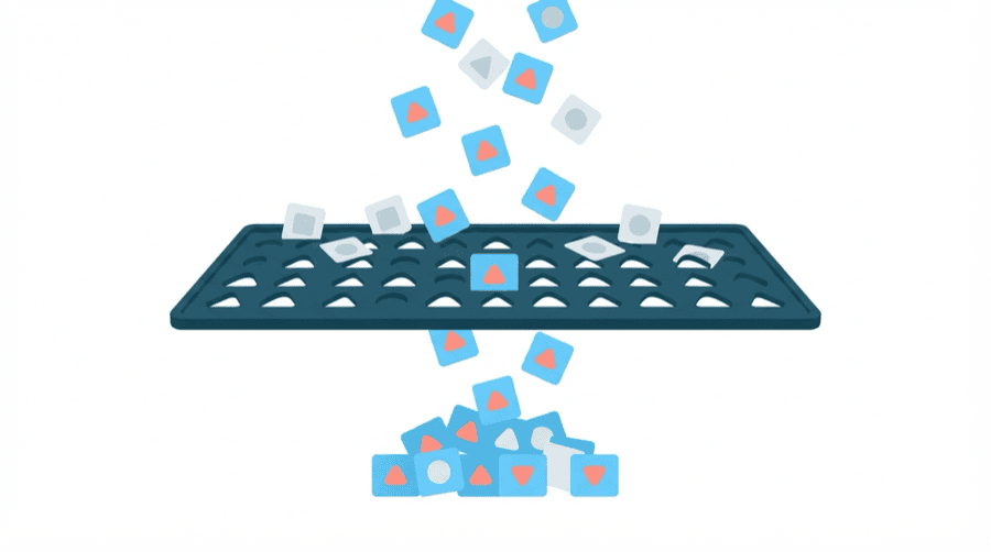 Illustration: message cards falling through a sieve with shaped holes, only the cards carrying the matching shape passing into the container below