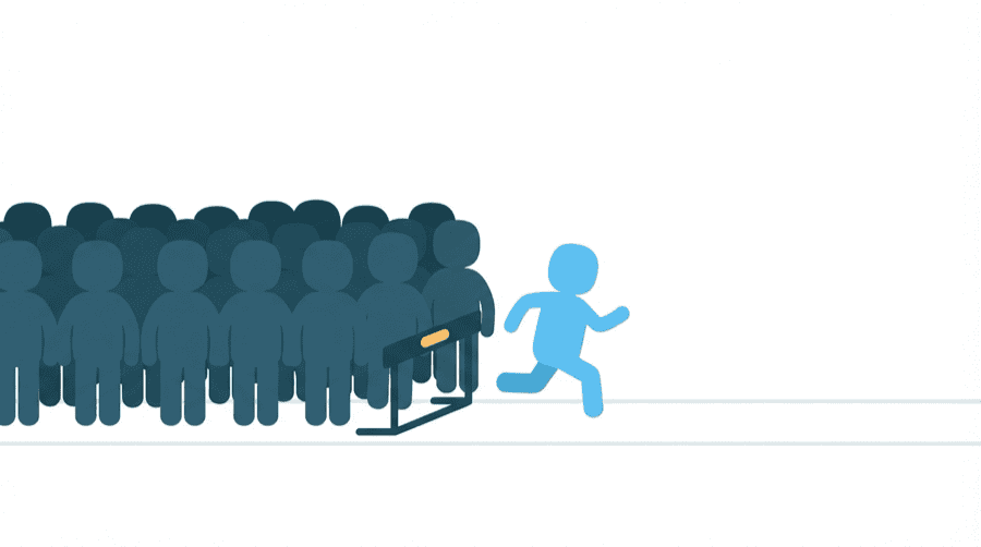 Illustration: a very low hurdle on a running track with a huge crowd of figures standing still behind it and one lone figure stepping over it