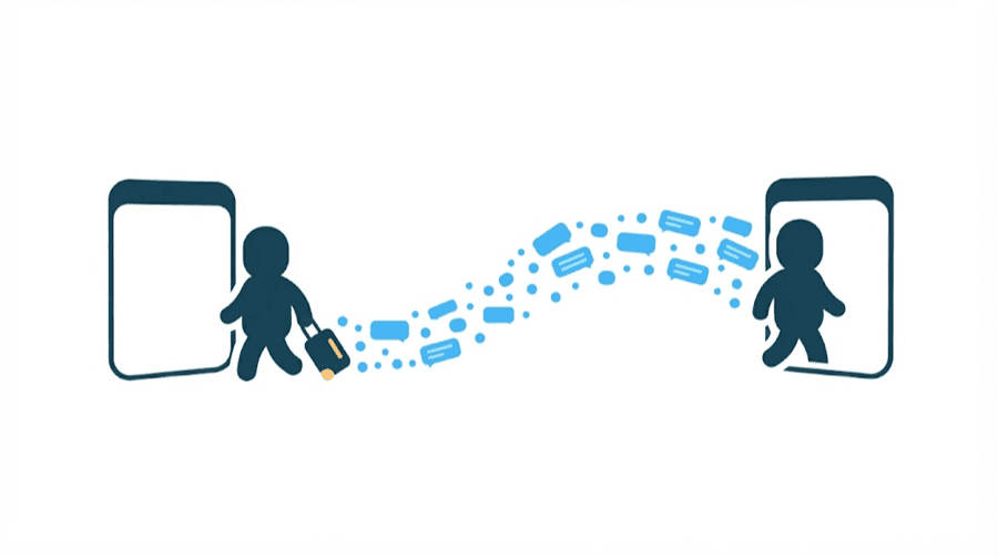 Illustration: a figure carrying a suitcase walking from one app window into another, trailed only by their own message cards and by nobody else