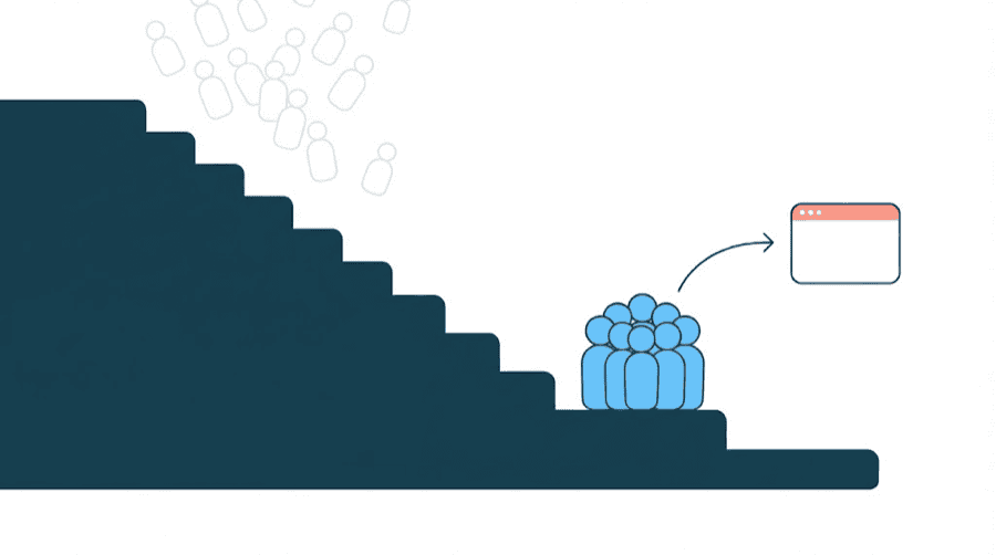 Illustration: a descending staircase whose steps get shallower until it flattens, with a small solid group of figures standing on the flat part and faint outlines drifting away above the steep part