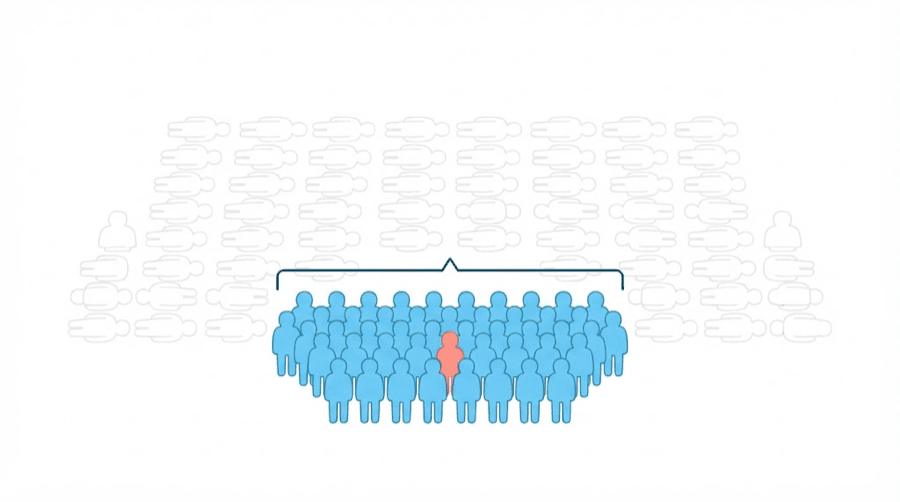 Illustration: a small solid group of figures in front of a much larger mass of faint dormant outlines