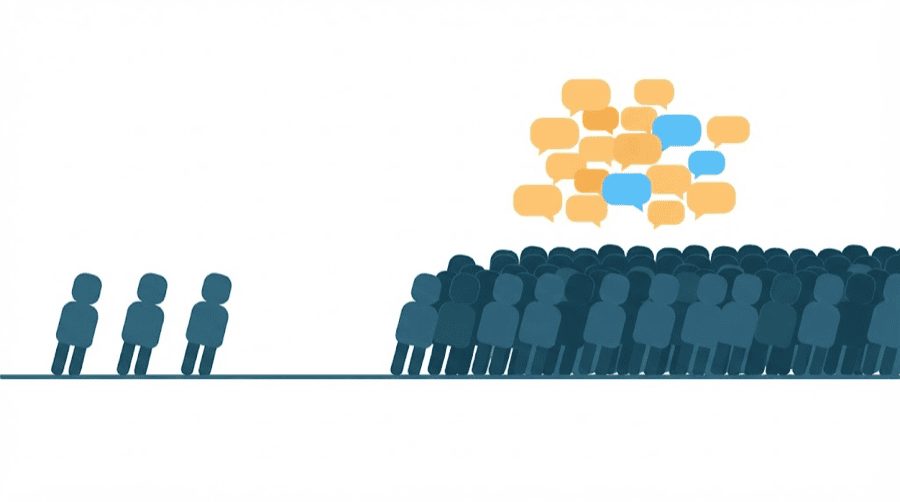 Illustration: three lone figures standing apart from a much larger crowd, with a cluster of speech bubbles above the crowd of which only a few are a different colour