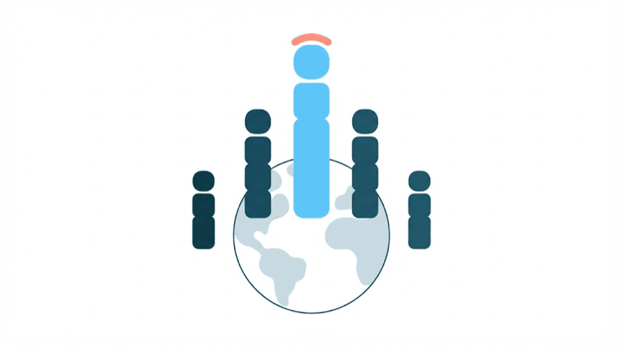 Illustration: a flat globe with five bars of stacked figures rising from it, one clearly taller than the rest