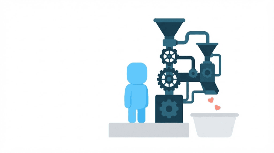 Illustration: an elaborate machine of gears and pipes producing only two tiny hearts into a large empty basket