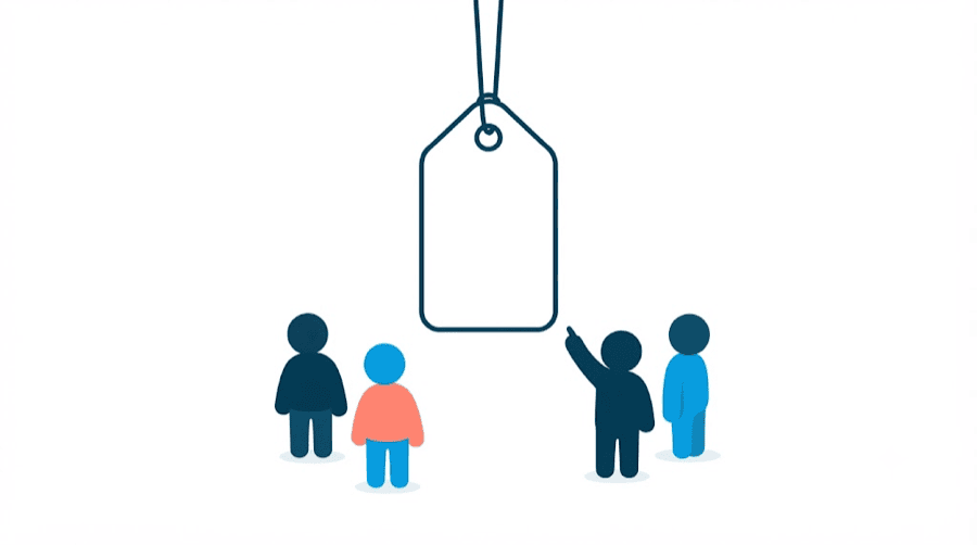 Illustration: a large blank price tag hangs above four small faceless figures, one of them pointing up at it
