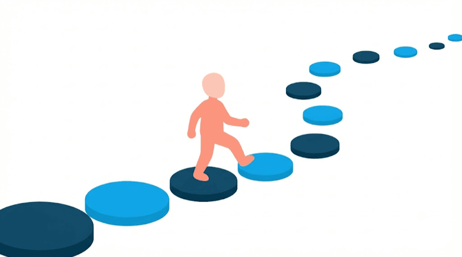 Illustration: a faceless figure walking upward along a rising path of round stepping stones