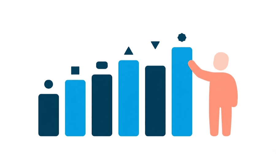 Illustration: a row of bars of increasing height, with a faceless figure standing beside the tallest one and touching it
