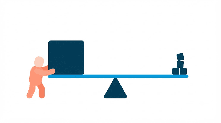Illustration: a seesaw where a small faceless figure pushes down a large dark block that easily outweighs a small stack of cubes on the far side