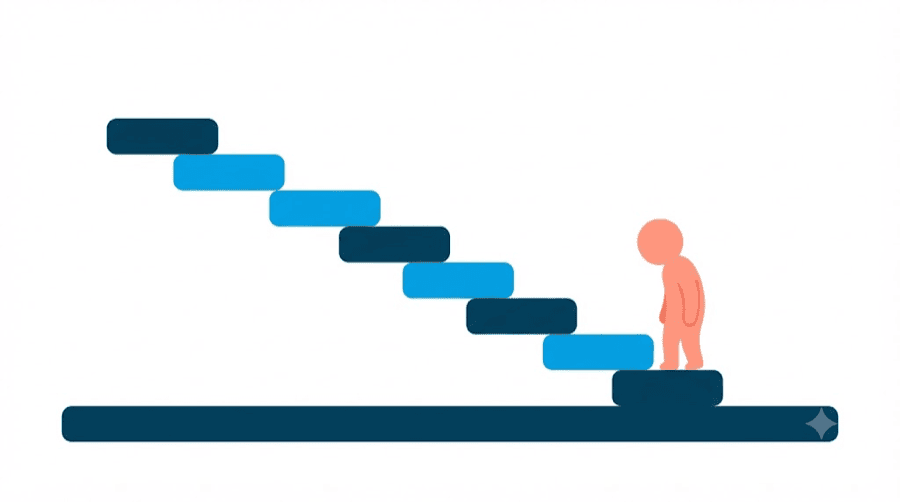 Illustration: a descending staircase of bars that comes to rest on a solid floor, with a faceless figure standing on the lowest step