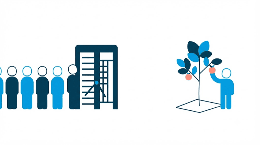 Illustration: a queue of faceless figures waiting at a turnstile on the left, while on the right a single figure picks fruit from a small tree