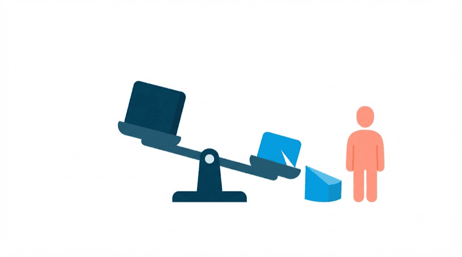 Illustration: a balance scale tipped heavily down by a large dark block on one side against a much smaller shape on the other, with a faceless figure standing alongside