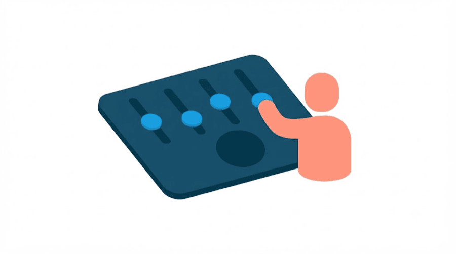 Illustration: a faceless figure adjusting a row of four sliders on a flat control panel