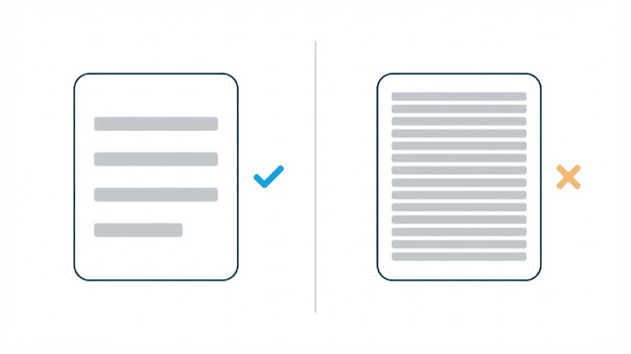Illustration: two blocks of text side by side, one made of short simple shapes and one of long dense shapes