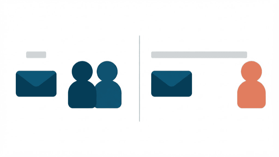 Illustration: a short bar and an envelope beside two faceless figures standing together, and a long bar and an envelope beside one faceless figure standing apart