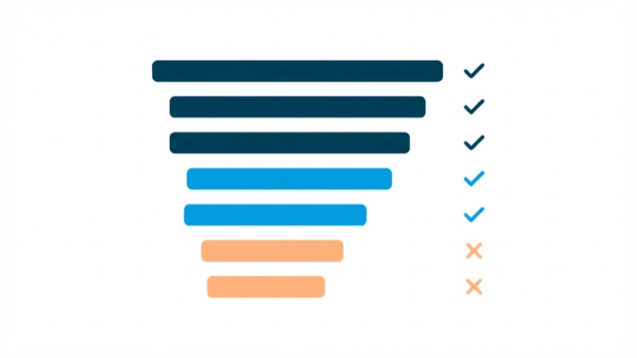 Illustration: a vertical stack of ranked bars beside a set of small tick and cross marks