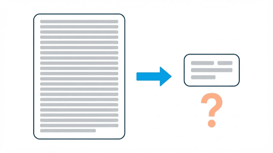 Illustration: a long dense block of text on one side and a short trimmed block on the other joined by an arrow