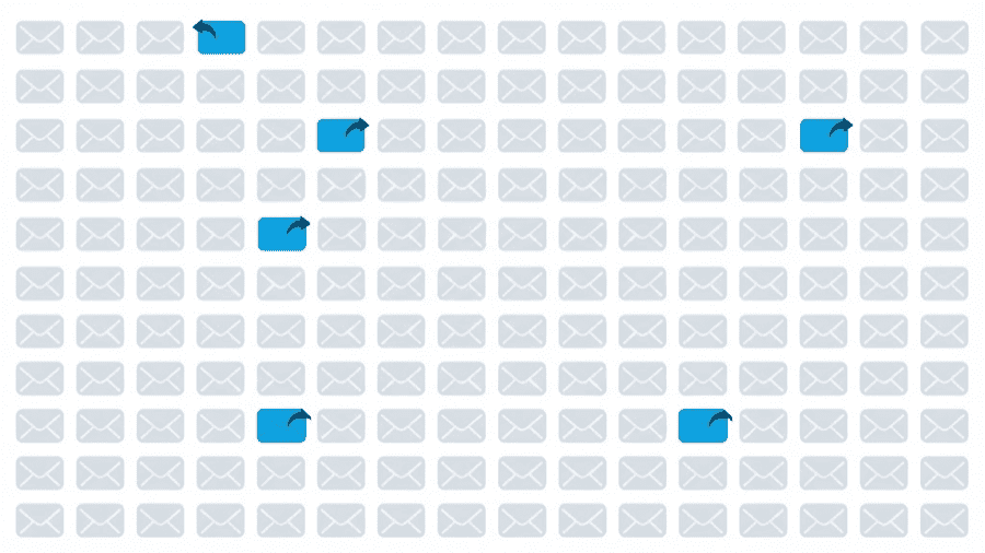 Illustration: a wide grid of small blank envelopes where only a few carry a small returning arrow