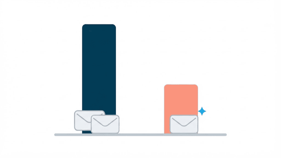 Illustration: two bars of clearly different heights, the taller one beside two stacked envelopes and the shorter beside a single polished envelope