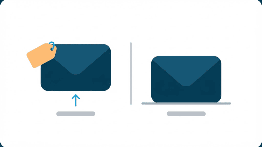 Illustration: two envelopes side by side where one carries a small personal tag and sits slightly higher