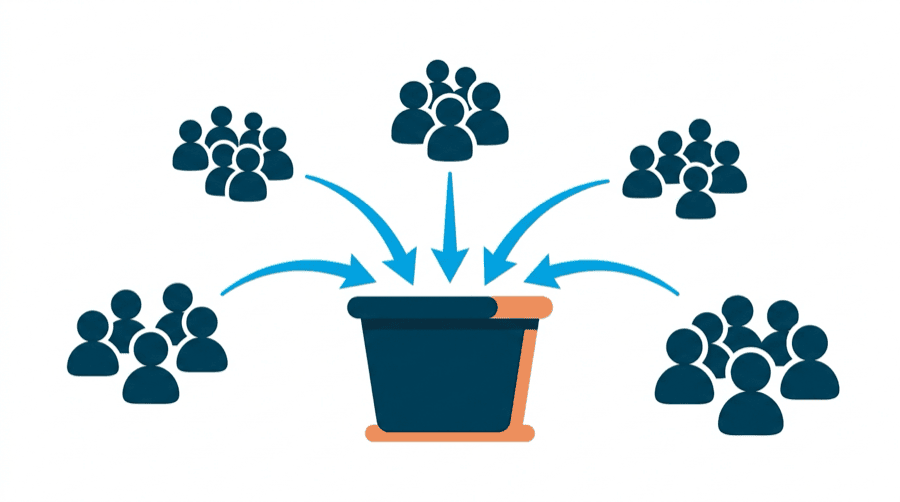 Illustration: five separate small groups of blank figures, with arrows from each leading into one single container