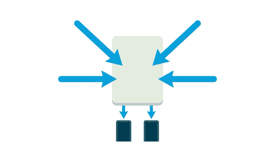 Illustration: several arrows from different directions converging on one page shape that then splits into two smaller doors