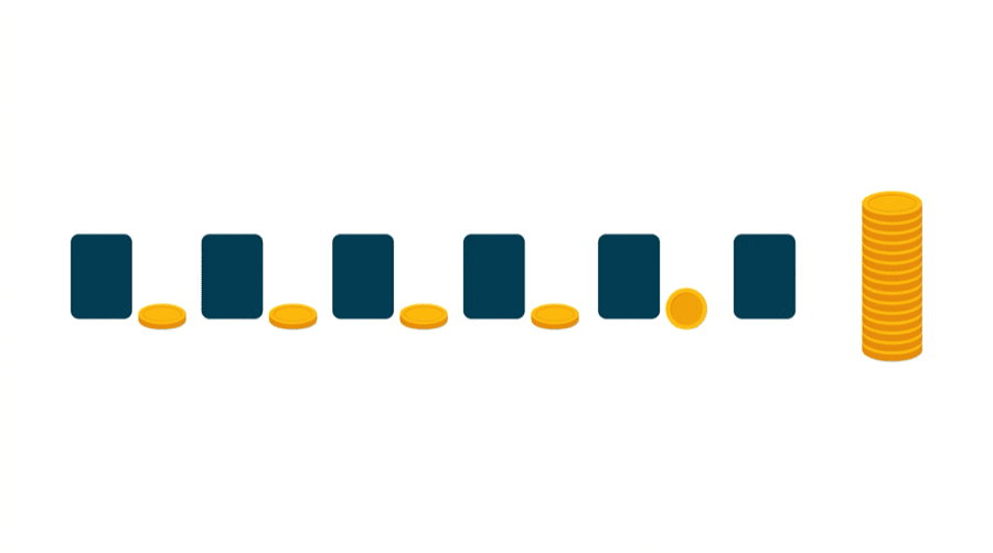 Illustration: a row of small message shapes each with a coin beside it, growing into a large stack of coins