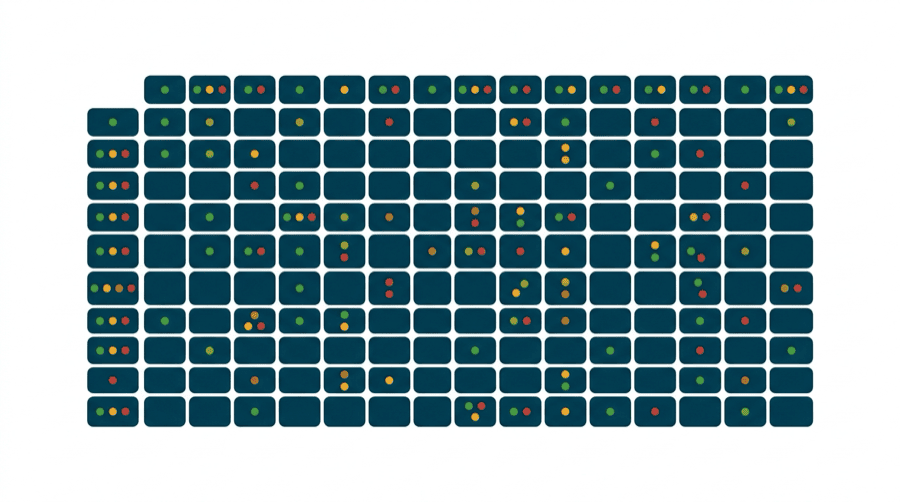 Illustration: a wide grid of rows and columns filled with coloured marker dots, laid out like a scoring chart