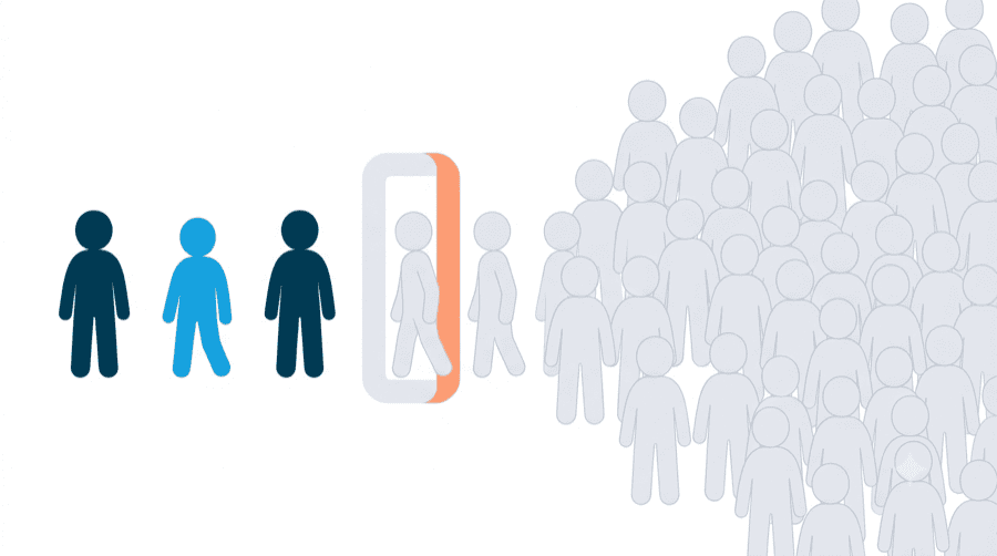 Illustration: a large crowd of pale unnamed figures beside a broadcast shape, with a narrow gate through which a few become solid coloured figures