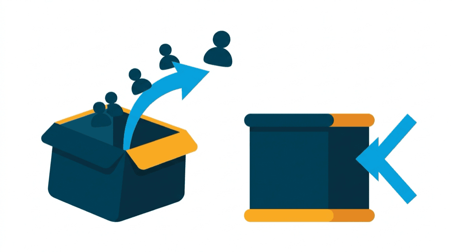 Illustration: an open box with contents being lifted out and carried away, beside a sealed box with no opening