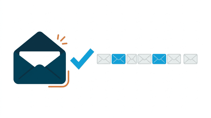 Illustration: an open envelope with a bright tick beside it, and a row of small envelopes below with one in five marked