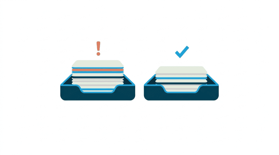 Illustration: two labelled trays side by side of almost equal height, with a small stack of cards in each