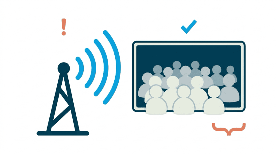 Illustration: a broadcast tower sending waves outward towards a crowd of blank figures hidden behind a solid screen