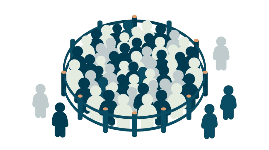 Illustration: a ring of blank figures pressed tight against a circular fence with a few figures left outside it