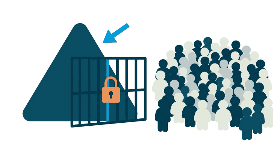 Illustration: a play button with a locked gate in front of it, and a crowd of blank figures waiting on the far side