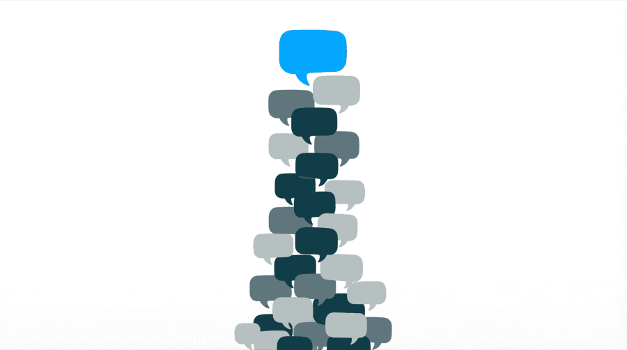 Illustration: a tall stack of small identical speech bubbles fading into pale grey, with one bright bubble at the very top