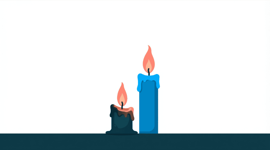 Illustration: two candles side by side, one burnt almost to the base and one still tall, on a plain surface