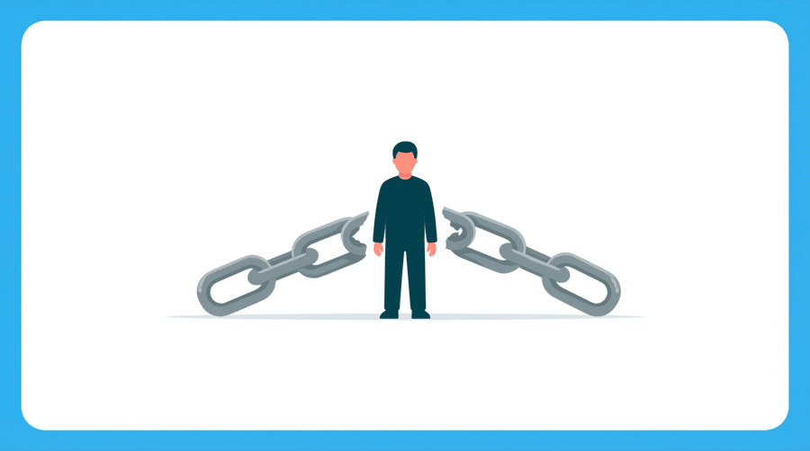 Illustration: a chain link that has been cut in half, with the broken ends lying flat and greyed out