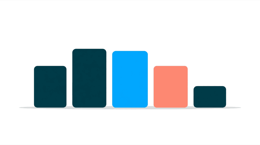 Illustration: five upright cards of different heights arranged in a row on a plain surface, tallest on the left