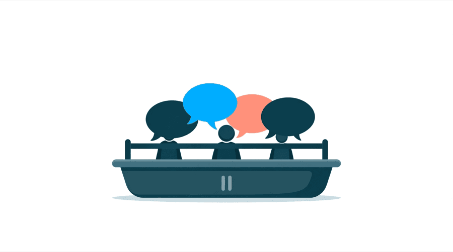 Illustration: a tray labelled with a pause symbol holding several speech bubbles waiting behind a barrier