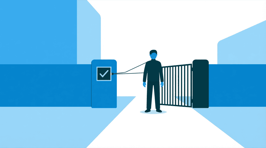 Illustration: a single tick box on a wall connected by a line to a gate that swings shut across a path