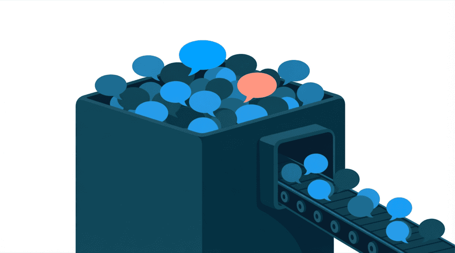 Illustration: an enormous bin overflowing with small speech bubbles, with a conveyor belt feeding more into it