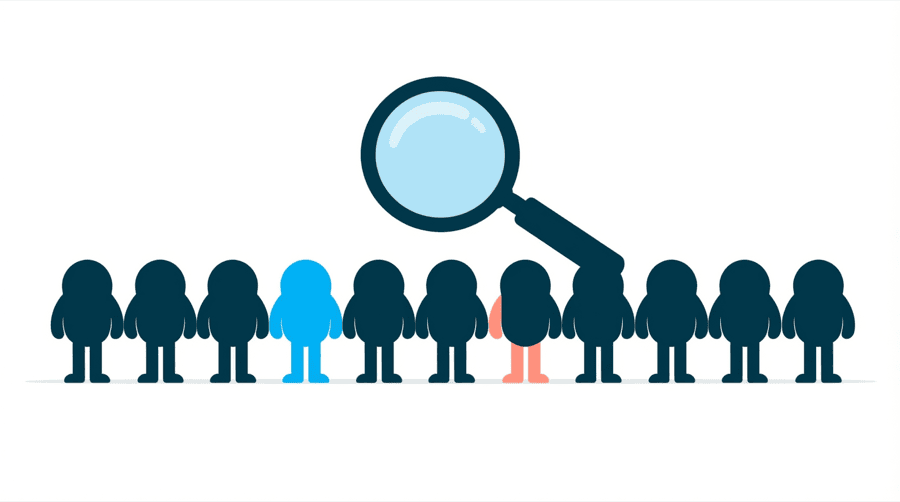 Illustration: a magnifying glass held over a long row of repeated identical shapes rather than over any single one